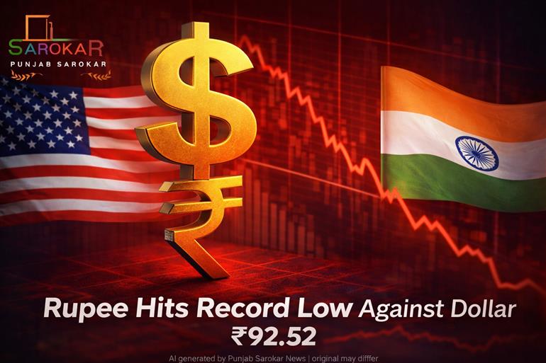 ਡਾਲਰ ਦੇ ਮੁਕਾਬਲੇ ਰੁਪਏ ਦੀ ਇਤਿਹਾਸਕ ਗਿਰਾਵਟ, ₹92.52 ਤੱਕ ਡਿੱਗਿਆ