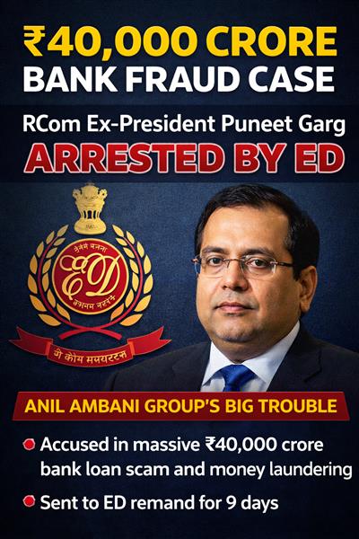 40,000 ਕਰੋੜ ਦੇ ਬੈਂਕ ਘਪਲੇ ਵਿੱਚ ਵੱਡੀ ਕਾਰਵਾਈ: ਈਡੀ ਵੱਲੋਂ ਆਰਕਾਮ ਦੇ ਸਾਬਕਾ ਚੇਅਰਮੈਨ ਪੁਨੀਤ ਗਰਗ ਗ੍ਰਿਫ਼ਤਾਰ